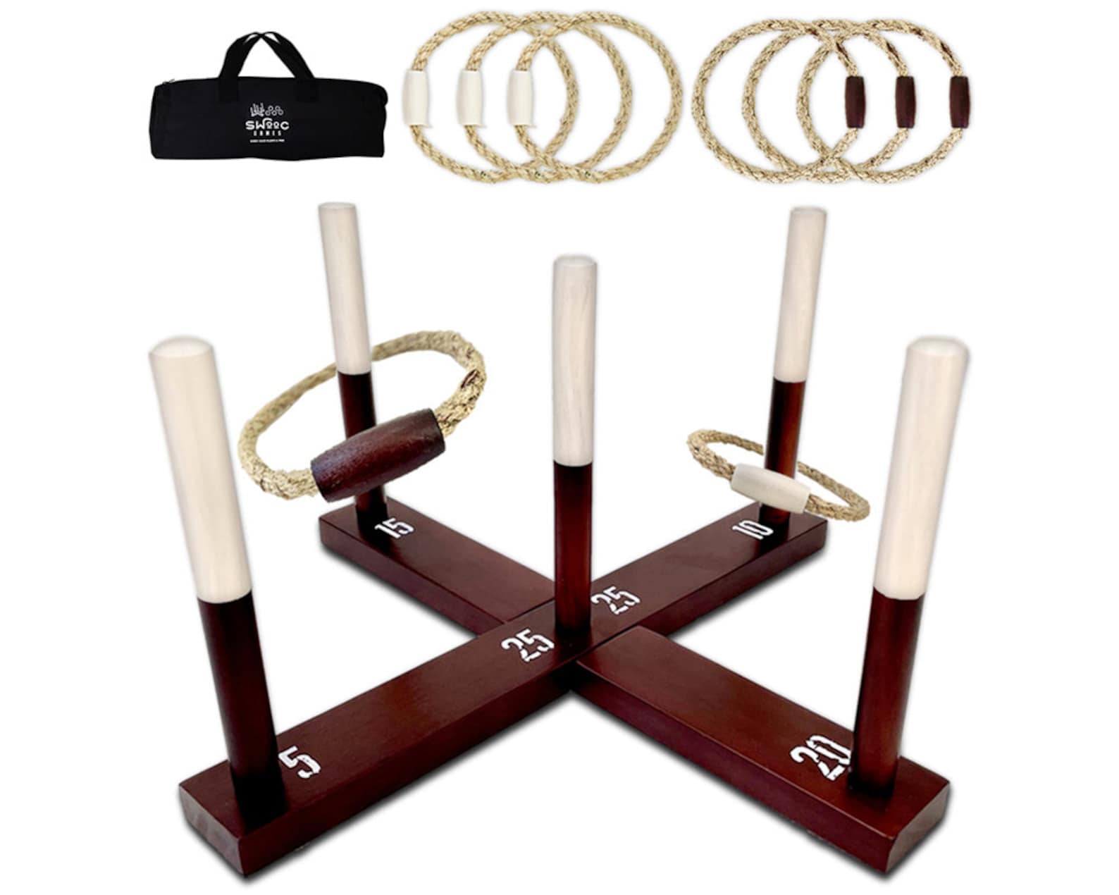 Premium Rustic Ring Toss Outdoor Game All Weather  15 Games Included  Vintage Wood  Rope Ring Toss Yard Game with Carrying Case