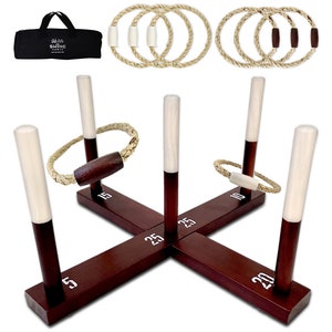 Rustic Ring Toss Outdoor Game (All Weather) - 15+ Games Included - Vintage Wood & Rope Ring Toss Yard Game with Carrying Case - Toss Game