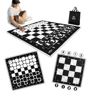 May include: A black and white outdoor chess set with a distressed look. The set includes a large, foldable chessboard, a smaller, foldable checkers board, and a set of black and white chess pieces. The chessboard is made of a durable material and is easy to clean. The chess pieces are made of a high-quality plastic and are weighted for stability.