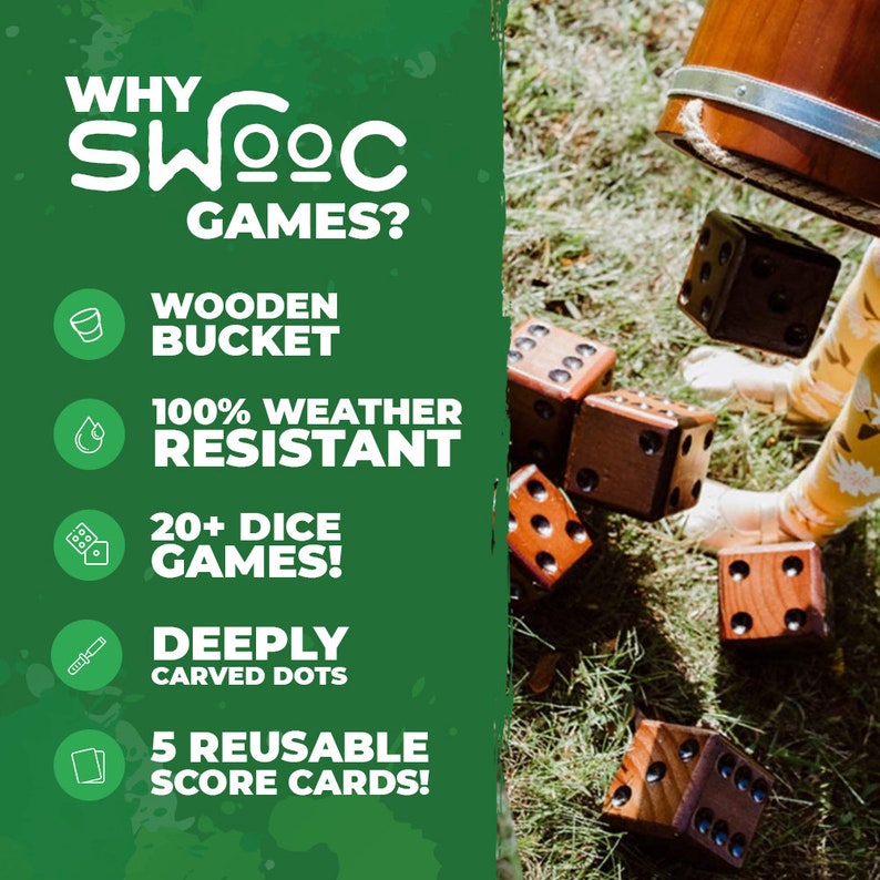 Yardzee, Farkle, & 20 Games Giant Yard Dice Set All Weather with Wooden Bucket, 5 Big Laminated Score Cards for Each Game, and Marker image 3