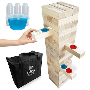 Giant Tower Party Game with Hidden Shots & 60 Commands - Includes 60 Blocks, 104 Disposable Cups with Carrying Case - Tipsy Topple Game