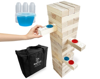 Giant Tower Party Game with Hidden Shots & 60 Commands - Includes 60 Blocks, 104 Disposable Cups with Carrying Case - Tipsy Topple Game