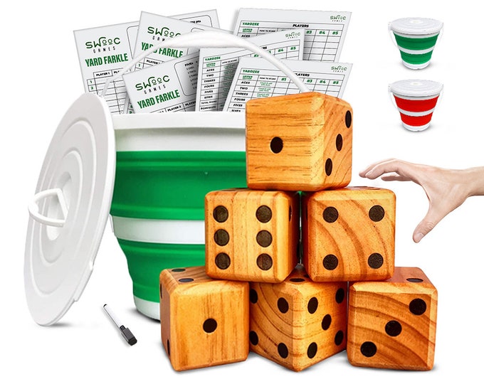 Yardzee, Farkle, & 20+ Games | Giant Yard Dice Set (All Weather) with Bucket, Lid, 5 Laminated Scorecards, Marker | Jumbo Outdoor Lawn Game