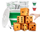 Yardzee, Farkle, 20 Games Giant Yard Dice Set (All Weather) with Bucket, Lid, 5 Laminated Scorecards, Marker Jumbo Outdoor Lawn Game
