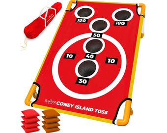 May include: A red and yellow Coney Island Toss game board with six black mesh holes labeled with point values 10, 30, 40, 50, and 100. The set includes eight square bean bags in red and brown, plus a red carrying bag with white straps.