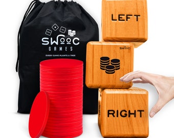 Giant Right Center Left Dice Game (All Weather) with 24 Large Chips & Carry Bag - Jumbo Wooden Lawn Game - Big Backyard Game for Family