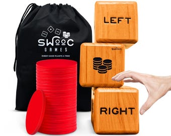 Giant Right Center Left Dice Game (All Weather) with 24 Large Chips & Carry Bag - Jumbo Wooden Lawn Game - Big Backyard Game for Family