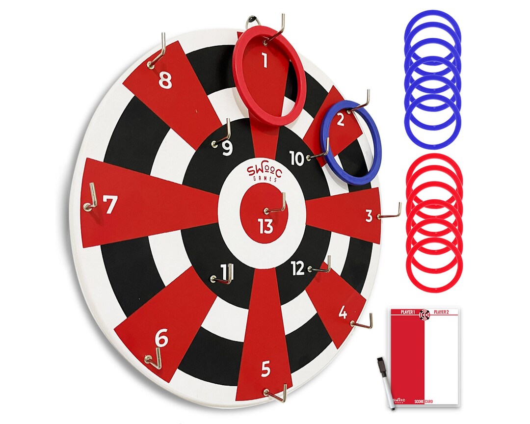 Hook Darts Ring Toss Game Wood Board & Soft Rings 20 Games Included for