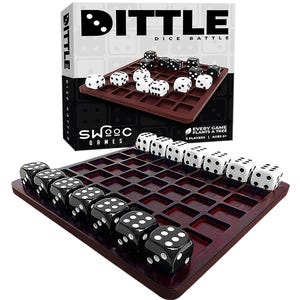 May include: A board game called Dittle Dice Battle. The game includes a wooden game board with a grid, dice, and a box. The box has the game title and logo. The dice are black and white. The game is for 2 players and ages 6+.