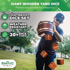 May include: A set of large wooden dice in a brown wooden bucket. The dice are being tossed in the air by a person wearing a blue shirt and jeans. The text on the image reads "GIANT WOODEN YARD DICE", "Premium and portable for endless fun!" , "LIGHTWEIGHT DICE SET", "WEATHER RESISTANT", "20+ DICE GAMES!" and "SWOOC GAMES".