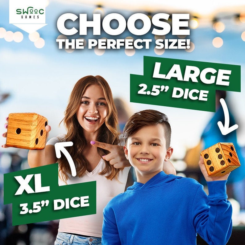 SWOOC Giant Yard Dice Games Set - 6 Wood Dice, Bucket, Scorecards, 20+ Games (Yardzee, Farkle), Weather Resistant