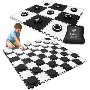 May include: Two large, black and white checkerboard and tic-tac-toe game mats with corresponding game pieces. A child is playing with the checkerboard game. A black carrying bag with the text "SWOOC GAMES" is also included.