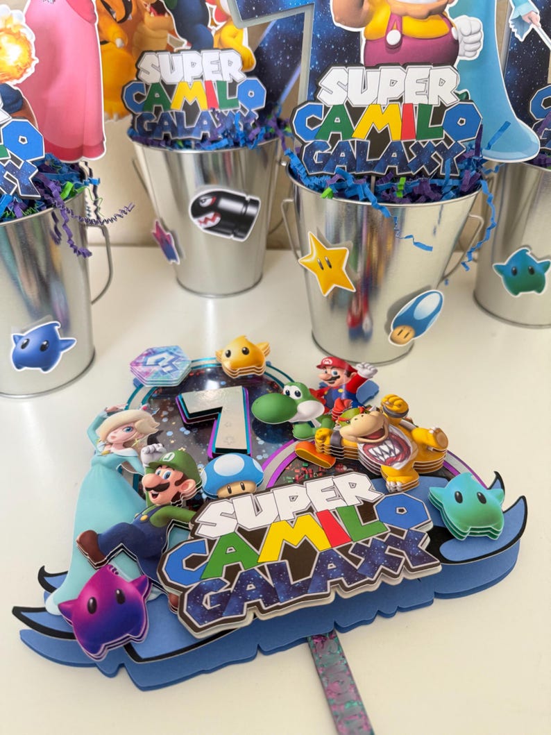 Super Mario Galaxy centerpiece, Mario Galaxy decorations, Mario Bros birthday, Mario, Luigi birthday, Super Mario Galaxy cake topper image 5