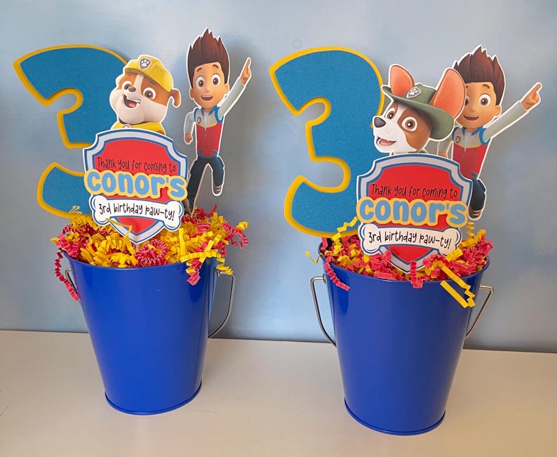Paw Patrol Chase Marshall Rubble Tracker Skye Zuma Rocky centerpieces
Paw Patrol table decorations