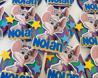 Chuck E Cheese cupcake toppers, Chuck E Cheese party decor, Chuck E Cheese birthday party favors, Chuck E Cheese cake topper, custom name