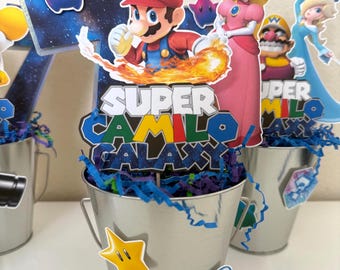 Super Mario Galaxy centerpiece, Mario Galaxy party decorations, Mario Bros birthday, Mario, Luigi birthday theme, Mario Galaxy cake topper