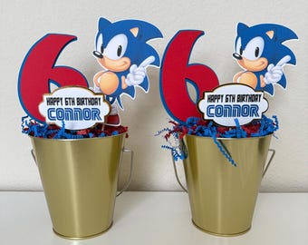 Sonic the Hedgehog Birthday Centerpiece, Gold Pail Decor, Custom Name Age