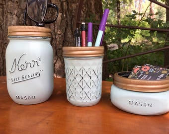 Mason Jar Desk Set, Mason Jar Desk Organizer, Mason Jar Desk Acessories, Mason Jar Pencil Holder, Mason Jar Busines Card Holder, Mason Jar