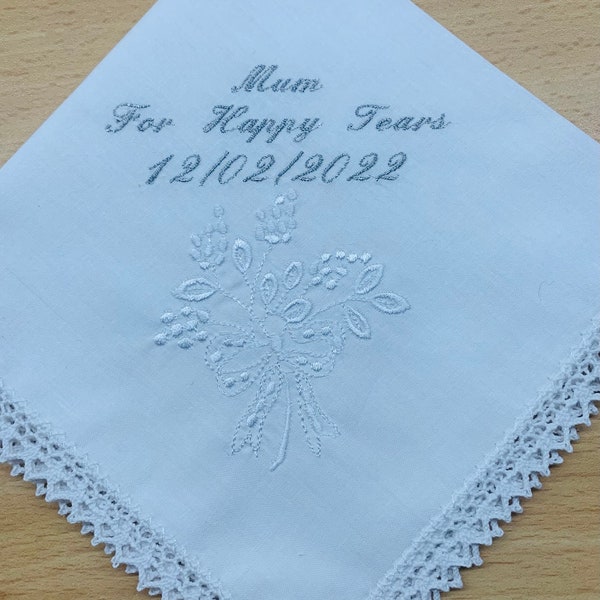Ladies White Personalised Lace Handkerchief