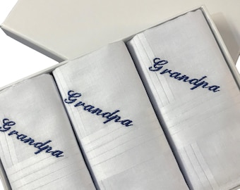 Gift Boxed 3 Personalised  Handkerchiefs  Gents/Mens/Grandad/Gramps/Dad/Father