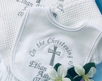 Personalised Baby Shawl + Bib, Christening, Baptism, Naming Day, Gift Set