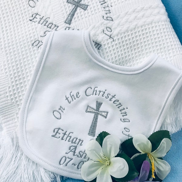 Personalised Baby Shawl + Bib, Christening, Baptism, Naming Day, Gift Set