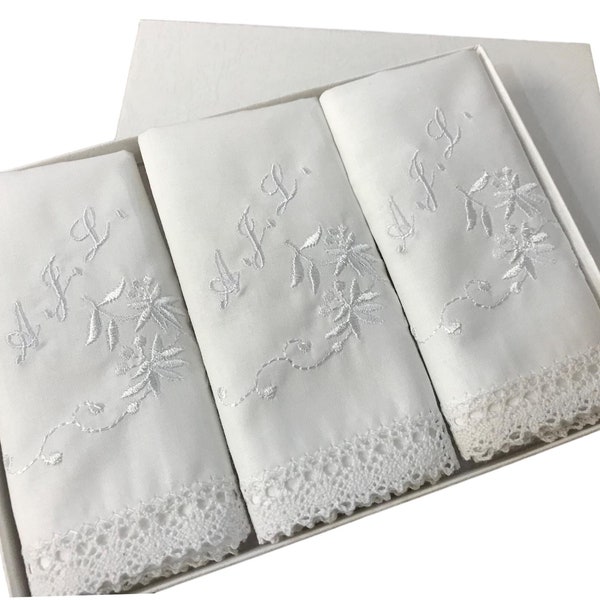 Gift Boxed 3 Personalised Ladies Lace Handkerchiefs