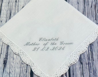 Ladies Personalised Handkerchief, Lace trim. Bride/Wedding/Birthday