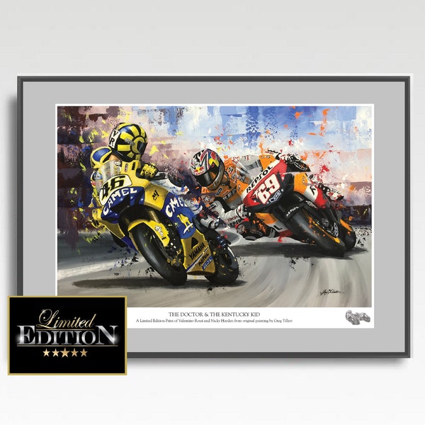 Hand signed by artist Valentino Rossi Nicky Hayden Limited edition art print from an original painting by Greg Tillett MotoGP Gift Poster