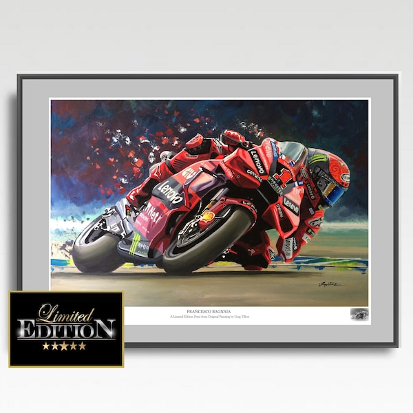 Hand signed by artist Francesco Bagnaia Limited edition art print from an original painting by Greg Tillett MotoGP Gift Poster