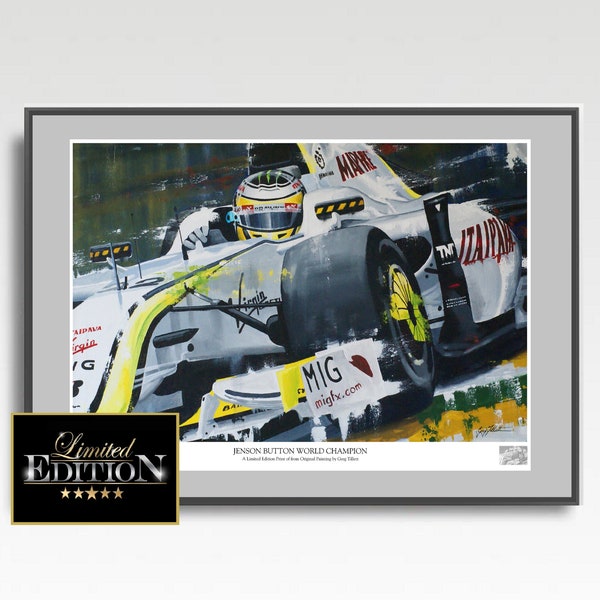 Hand signed by artist Jenson Button Limited edition art print from an original painting by Greg Tillett Formula one Gift F1 Poster