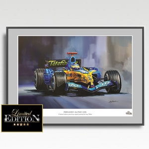 Fernando Alonso 2006 A3 Limitierter Druck von einem Originalgemälde von Greg Tillett Formel 1 Geschenk F1 Poster. Handsigniert vom Künstler