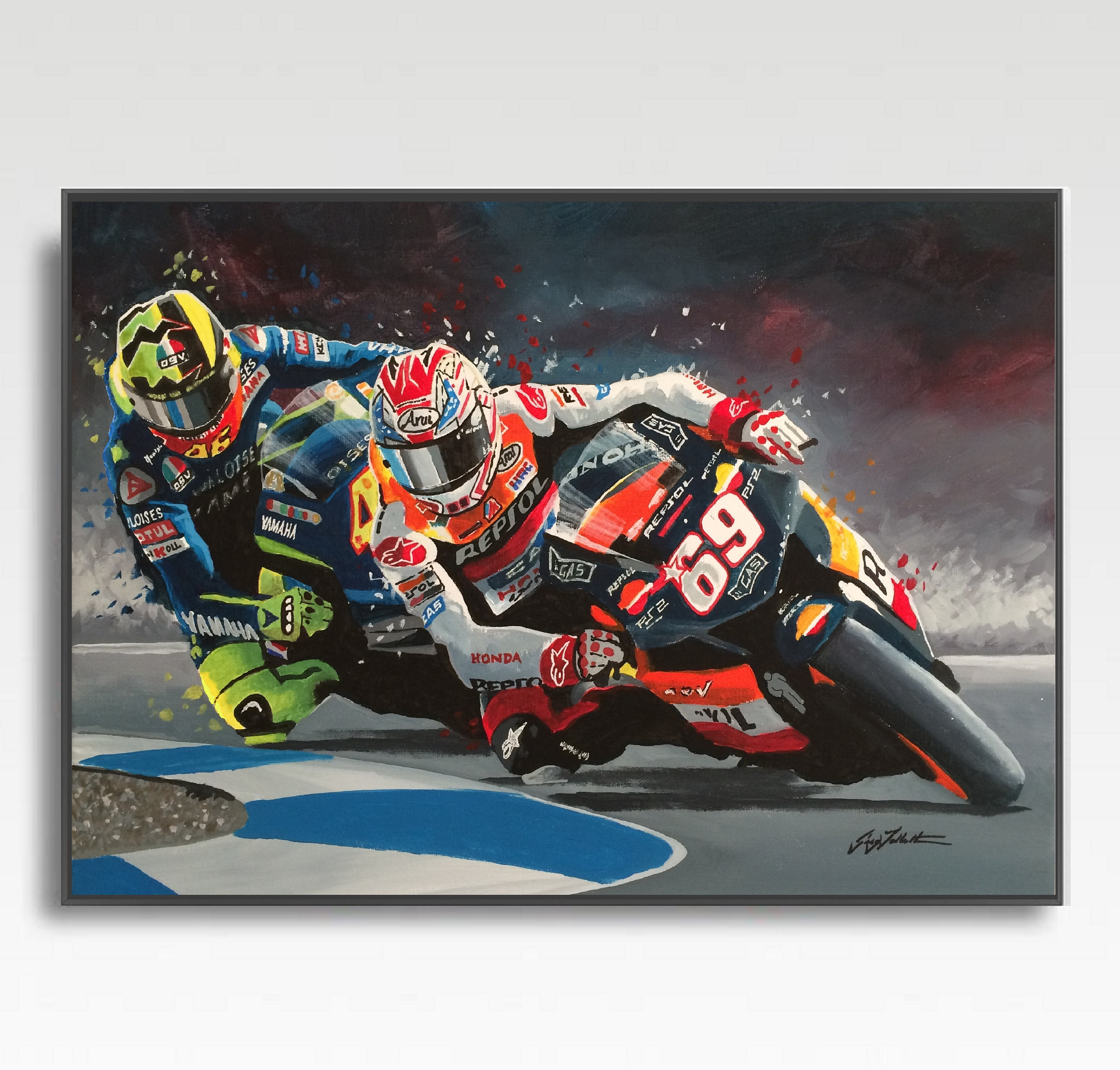 Motogp Art Print: Nicky Hayden & Valentino Rossi on Stretched