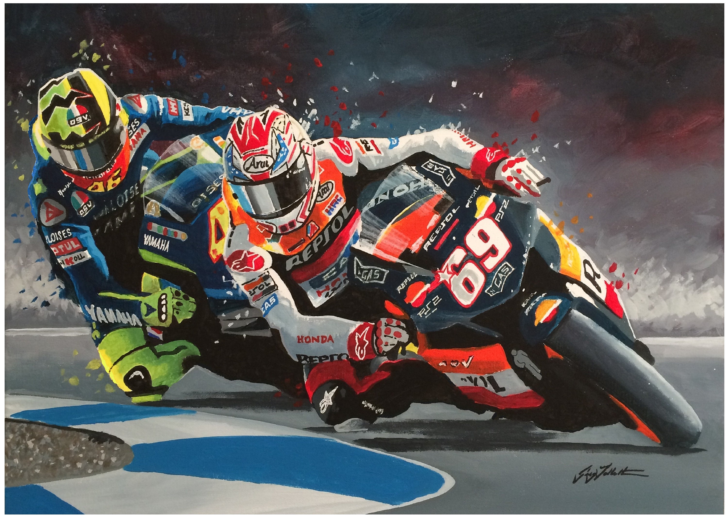 Motogp Art Print: Nicky Hayden & Valentino Rossi on Stretched