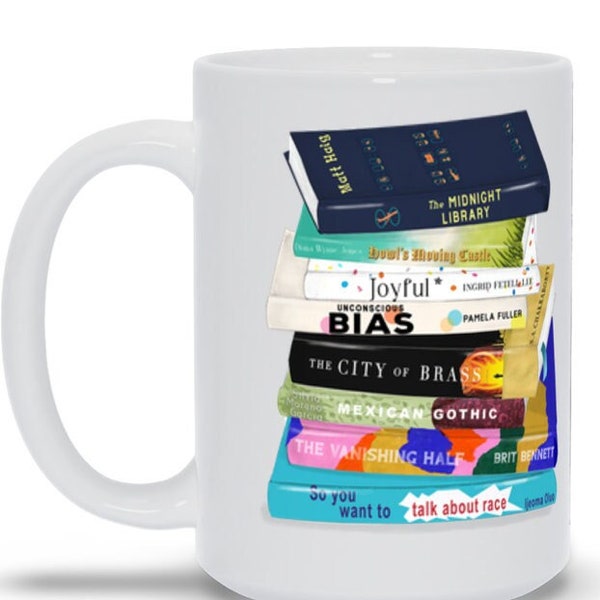 Custom painted mug * Your 8 fav books in a stack with your quote on reverse side * Book Club gift * For the Love of Books * Book Spine Art