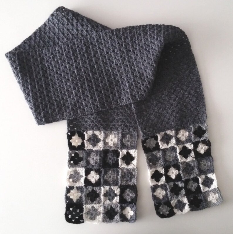 Crochet scarf pattern,"Marsilea" mini granny squares scarf, PDF beginner pattern,black white gray neckwarmer,easy crochet scarf pattern image 4