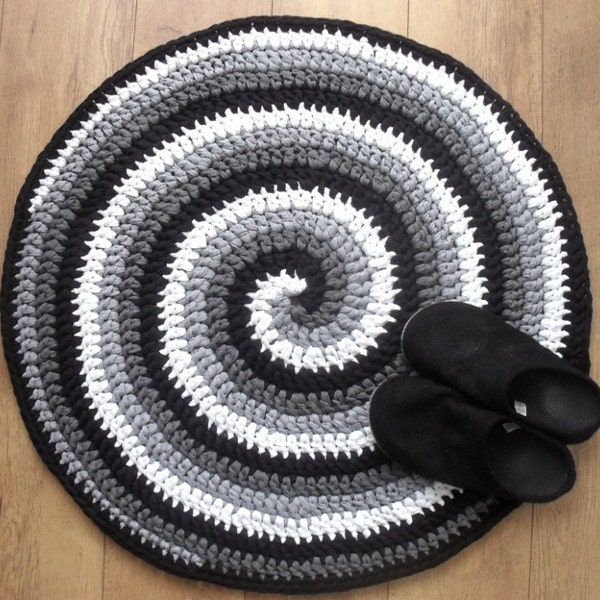 Tapis motif crochet, PDF hollandais, Tapis au crochet spirale 80cm, Crochet XXL, Tapis Zpagetti rond, Tapis fait main noir blanc et gris