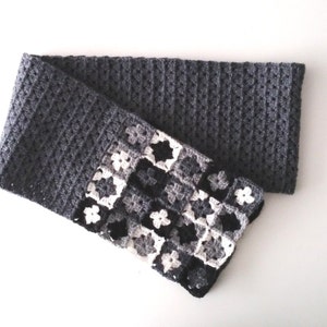 Crochet scarf pattern,"Marsilea" mini granny squares scarf, PDF beginner pattern,black white gray neckwarmer,easy crochet scarf pattern image 5