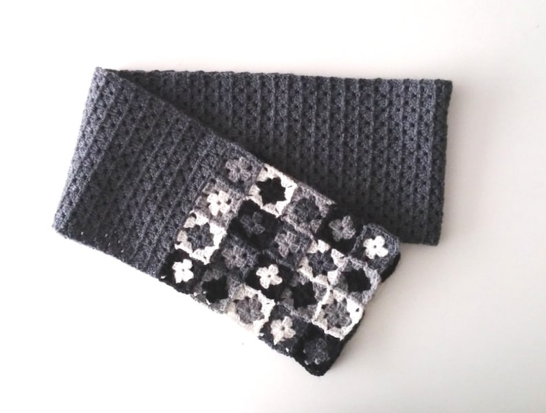 Crochet scarf pattern,"Marsilea" mini granny squares scarf, PDF beginner pattern,black white gray neckwarmer,easy crochet scarf pattern image 5