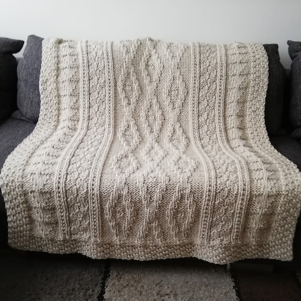 Blanket knitting pattern, Noraly blanket, gansey knit pattern, afghan knit pattern, bulky diamond throw pattern, cables blanket pattern