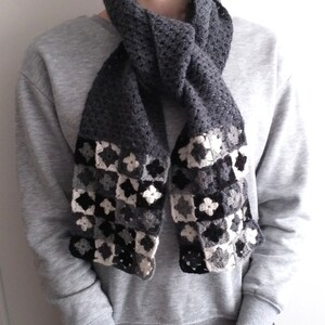 Crochet scarf pattern,"Marsilea" mini granny squares scarf, PDF beginner pattern,black white gray neckwarmer,easy crochet scarf pattern image 1