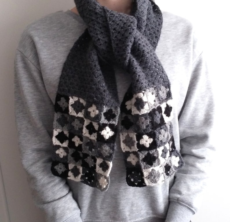 Crochet scarf pattern,"Marsilea" mini granny squares scarf, PDF beginner pattern,black white gray neckwarmer,easy crochet scarf pattern image 1
