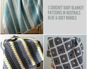 3 crochet baby blanket paterns in neutrals, Blue & Grey pattern bundle,Crochet Pattern Pack,modern easy crochet baby blankets pattern bundle