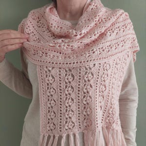 Op de afbeelding: Een lichtroze, handgemaakte gehaakte sjaal met een col en gefranjerde randen. De sjaal heeft een open ontwerp met een herhalend bloemenpatroon. De zachte, delicate kleur en ingewikkelde details maken het een gezellig en stijlvol accessoire.