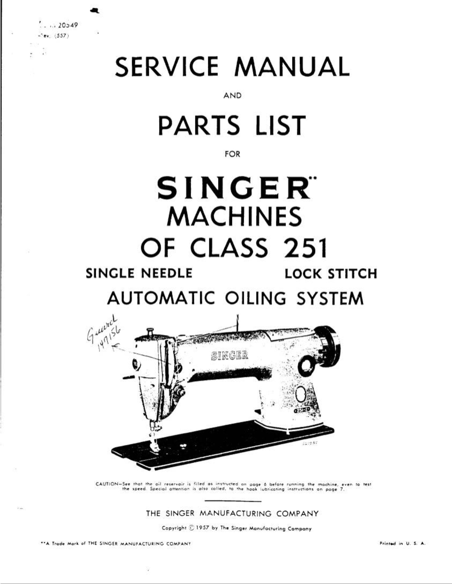 Singer Sewing machine model 251 Industrial Service manual Etsy