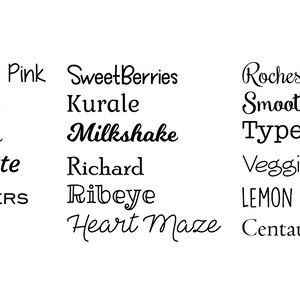 May include: A white background displays a collection of various text fonts and words, including "All Things Pink," "Milkshake," and "Typewriter." The text is in black, showcasing a variety of font styles, from cursive to bold.