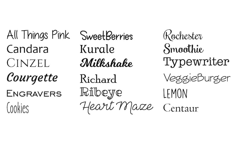 May include: A white background displays a collection of various text fonts and words, including "All Things Pink," "Milkshake," and "Typewriter." The text is in black, showcasing a variety of font styles, from cursive to bold.