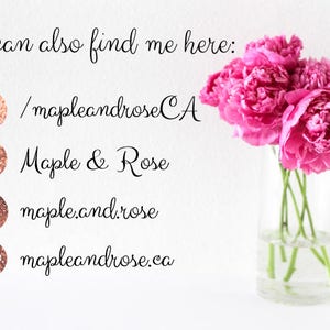 May include: A clear glass vase holds vibrant pink peonies. The image includes text that reads "You can also find me here:" followed by social media icons and usernames, including Pinterest, Facebook, and Instagram, and a website address.