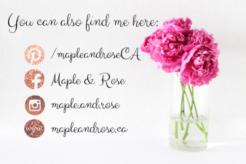 May include: A clear glass vase holds vibrant pink peonies. The image includes text that reads "You can also find me here:" followed by social media icons and usernames, including Pinterest, Facebook, and Instagram, and a website address.