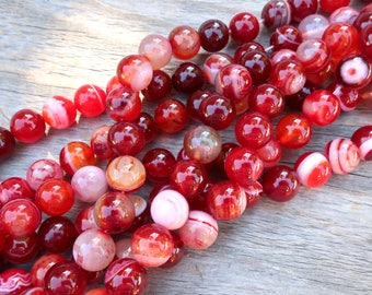 10mm Smooth Red Striped Agate beads, 15" strand | polished agate 10mm | red stone beads | round agate 10mm | #R10S-061